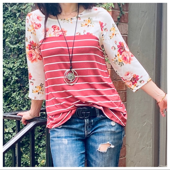 PRETTY STRIPED FLORAL TUNIC TOP - Picture 11 of 16